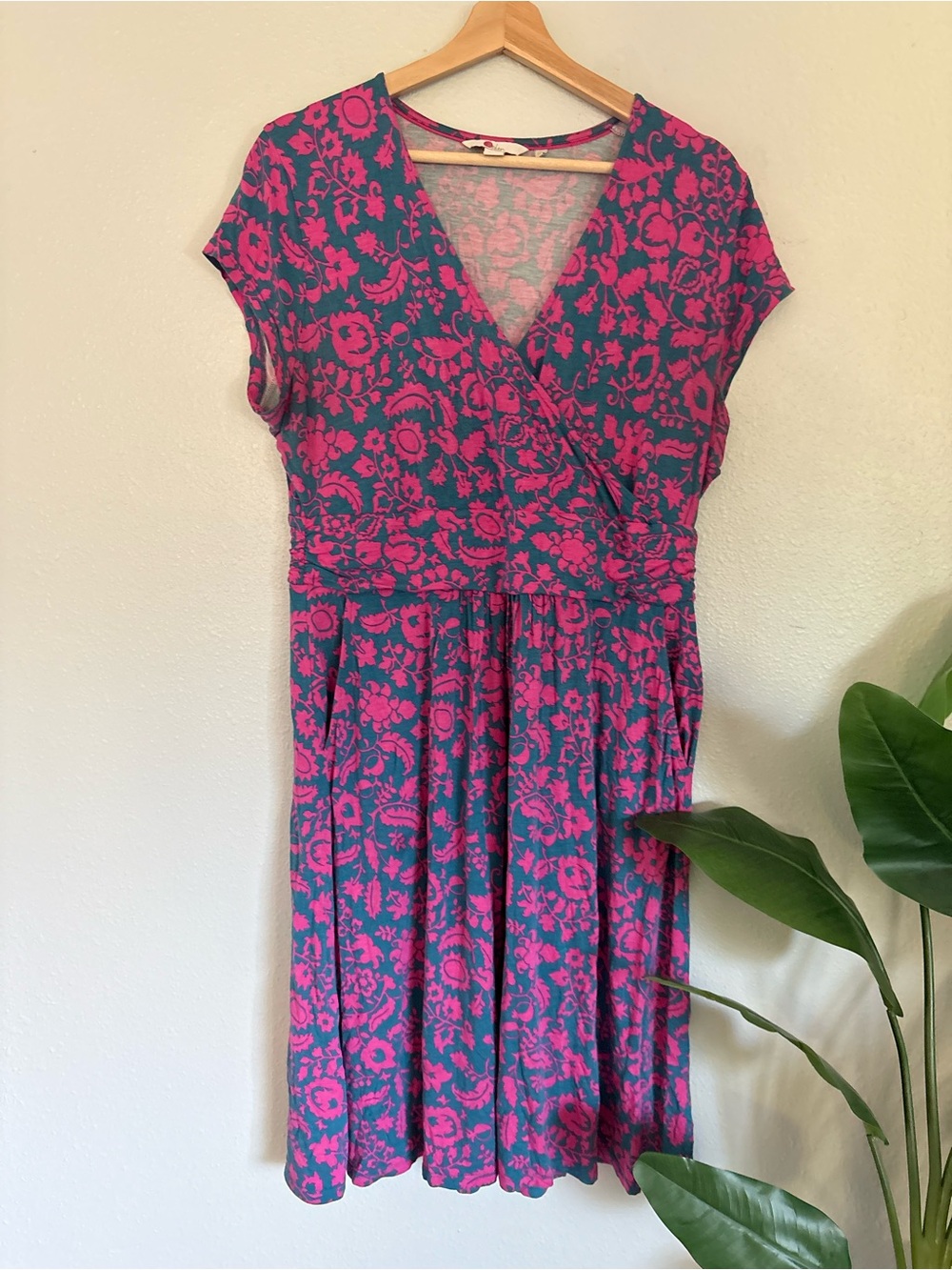 Boden Pink and Teal Floral Wrap-Style Midi Dress